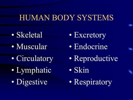 HUMAN BODY SYSTEMS Skeletal Muscular Circulatory Lymphatic Digestive Excretory Endocrine Reproductive Skin Respiratory.