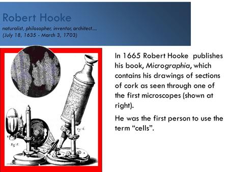 Robert Hooke naturalist, philosopher, inventor, architect.... (July 18, 1635 - March 3, 1703) In 1665 Robert Hooke publishes his book, Micrographia, which.
