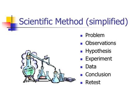 Scientific Method (simplified) Problem Observations Hypothesis Experiment Data Conclusion Retest.