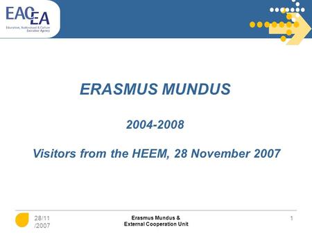 28/11 /2007 Erasmus Mundus & External Cooperation Unit 1 ERASMUS MUNDUS 2004-2008 Visitors from the HEEM, 28 November 2007.