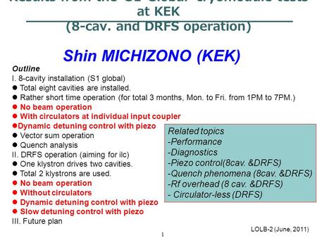 1 Results from the 'S1-Global' cryomodule tests at KEK (8-cav. and DRFS operation) Shin MICHIZONO (KEK) LOLB-2 (June, 2011) Outline I. 8-cavity installation.