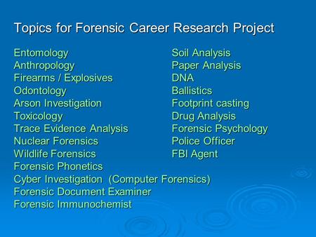 Topics for Forensic Career Research Project EntomologySoil Analysis AnthropologyPaper Analysis Firearms / ExplosivesDNA Odontology Ballistics Arson InvestigationFootprint.