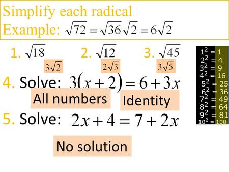 Simplify each radical Example: 1.2.3. 4. 5. Solve: All numbers Identity No solution.