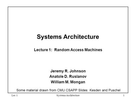 Lec 1Systems Architecture1 Systems Architecture Lecture 1: Random Access Machines Jeremy R. Johnson Anatole D. Ruslanov William M. Mongan Some material.