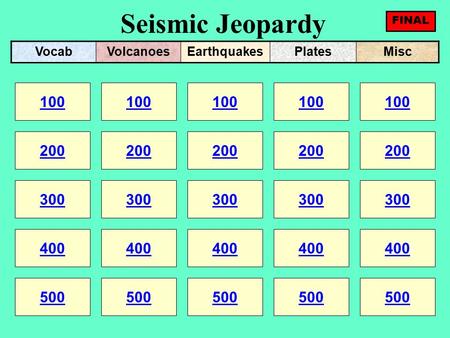 Seismic Jeopardy 100 200 100 200 300 400 500 300 400 500 100 200 300 400 500 100 200 300 400 500 100 200 300 400 500 VocabVolcanoesEarthquakesPlatesMisc.
