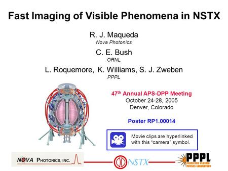Fast Imaging of Visible Phenomena in NSTX R. J. Maqueda Nova Photonics C. E. Bush ORNL L. Roquemore, K. Williams, S. J. Zweben PPPL 47 th Annual APS-DPP.
