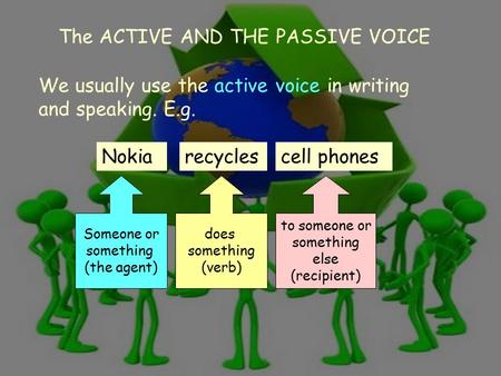 The active and the passive voice 1 We usually use the active voice in writing and speaking. E.g. Nokia Someone or something (the agent) does something.