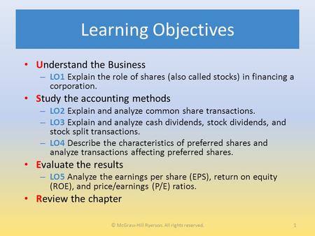 Learning Objectives Understand the Business – LO1 Explain the role of shares (also called stocks) in financing a corporation. Study the accounting methods.