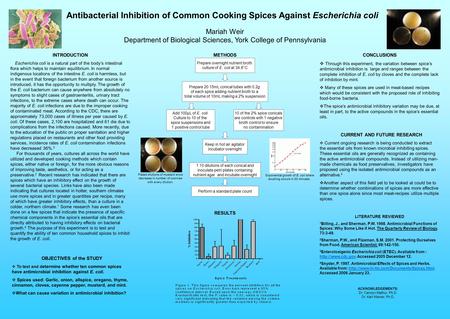 Antibacterial Inhibition of Common Cooking Spices Against Escherichia coli Mariah Weir Department of Biological Sciences, York College of Pennsylvania.