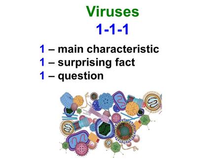 Viruses 1-1-1 1 – main characteristic 1 – surprising fact 1 – question.