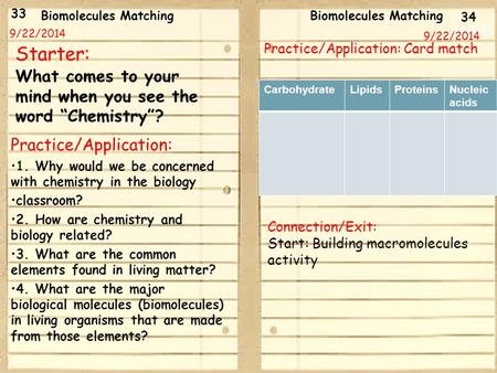 33 34 9/22/2014 9/18/13 Starter: Practice/Application: 1. Why would we be concerned with chemistry in the biology classroom? 2. How are chemistry and biology.