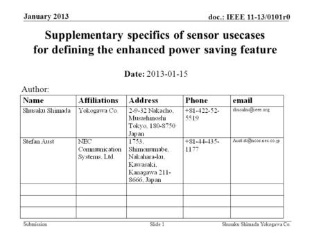 Submission doc.: IEEE 11-13/0101r0 January 2013 Shusaku Shimada Yokogawa Co.Slide 1 Supplementary specifics of sensor usecases for defining the enhanced.