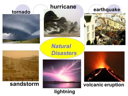 tornado hurricane Natural Disasters earthquake sandstorm lightning volcanic eruption.