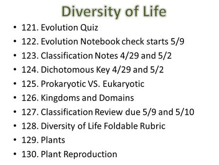 Diversity of Life 121. Evolution Quiz