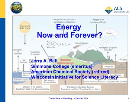 1 Connections to Chemistry, 16 October 2013 Jerry A. Bell Simmons College (emeritus) American Chemical Society (retired) Wisconsin Initiative for Science.
