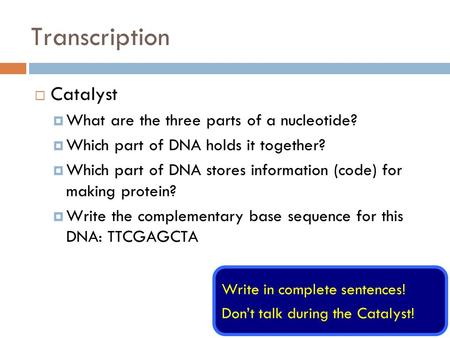 Transcription Catalyst What are the three parts of a nucleotide?