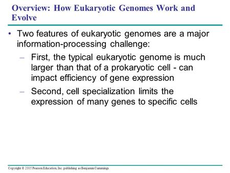 Copyright © 2005 Pearson Education, Inc. publishing as Benjamin Cummings Overview: How Eukaryotic Genomes Work and Evolve Two features of eukaryotic genomes.