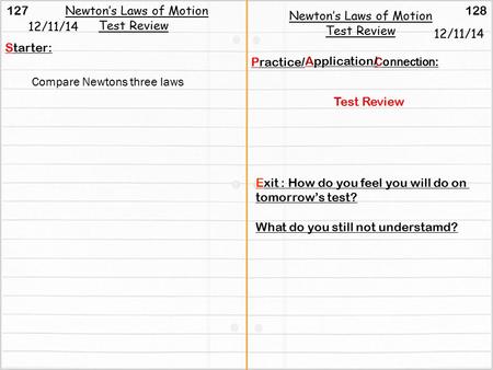 127 128 Newton’s Laws of Motion Test Review 12/11/14 Starter: Practice/ Connection : Application/ 12/11/14 Newton’s Laws of Motion Test Review Test Review.