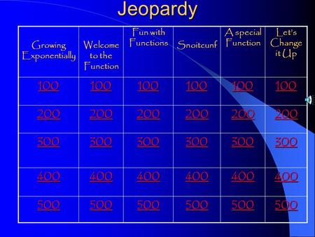 Jeopardy Growing Exponentially Welcome to the Function Fun with Functions Snoitcunf A special Function Let’s Change it Up 100 200 300 400 500.