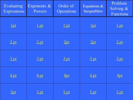 2 pt 3 pt 4 pt 5pt 1 pt 2 pt 3 pt 4 pt 5 pt 1 pt 2pt 3 pt 4pt 5 pt 1pt 2pt 3 pt 4 pt 5 pt 1 pt 2 pt 3 pt 4pt 5 pt 1pt Evaluating Expressions Exponents.