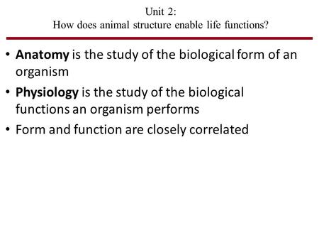 Unit 2: How does animal structure enable life functions? Anatomy is the study of the biological form of an organism Physiology is the study of the biological.