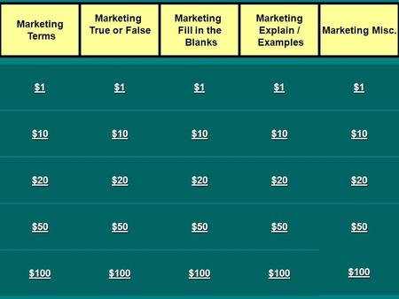 $1 Marketing Terms Marketing True or False Marketing Fill in the Blanks Marketing Explain / Examples Marketing Misc. $10 $20 $50 $100.