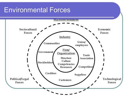 Environmental Forces Firm/ Organization: Structure Culture Competencies Resources Industry Trade Association Government Union/ employees Competitors Creditors.