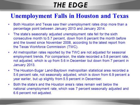 Unemployment Falls in Houston and Texas Both Houston and Texas saw their unemployment rates drop more than a percentage point between January 2013 and.