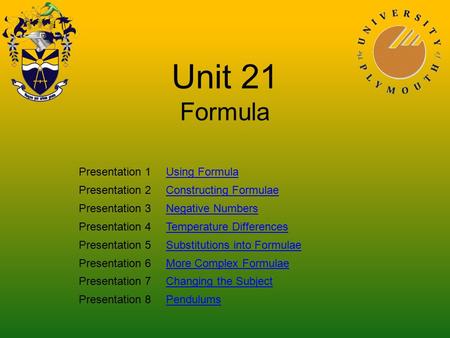 Unit 21 Formula Presentation 1Using Formula Presentation 2Constructing Formulae Presentation 3Negative Numbers Presentation 4Temperature Differences Presentation.