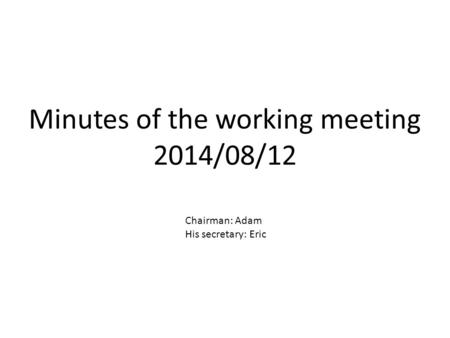 Minutes of the working meeting 2014/08/12 Chairman: Adam His secretary: Eric.