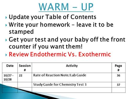  Update your Table of Contents  Write your homework – leave it to be stamped  Get your test and your baby off the front counter if you want them! 
