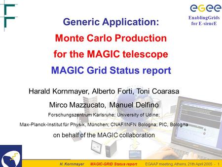 H. Kornmayer MAGIC-GRID Status report EGAAP meeting, Athens, 21th April 2005 - 1 EnablingGrids for E-siencE Generic Application: Monte Carlo Production.