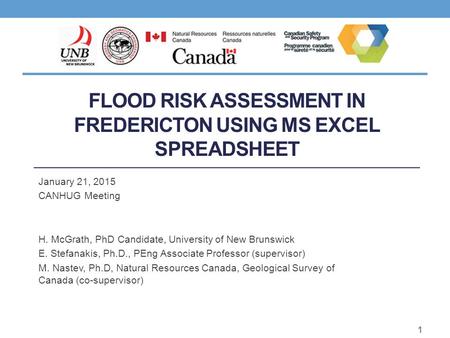 FLOOD RISK ASSESSMENT IN FREDERICTON USING MS EXCEL SPREADSHEET January 21, 2015 CANHUG Meeting H. McGrath, PhD Candidate, University of New Brunswick.