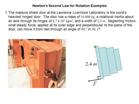 Newton’s Second Law for Rotation Examples 1.The massive shield door at the Lawrence Livermore Laboratory is the world’s heaviest hinged door. The door.