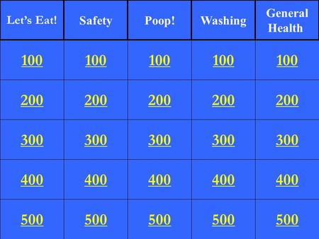 1 200 300 400 500 100 200 300 400 500 100 200 300 400 500 100 200 300 400 500 100 200 300 400 500 100 Let’s Eat! SafetyPoop!Washing General Health.