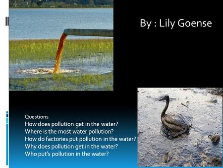 Water pollution Questions How does pollution get in the water? Where is the most water pollution? How do factories put pollution in the water? Why does.