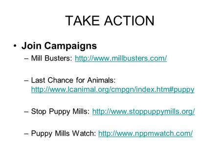 TAKE ACTION Join Campaigns –Mill Busters:  –Last Chance for Animals: