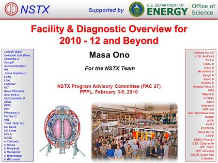 Facility & Diagnostic Overview for 2010 - 12 and Beyond Masa Ono For the NSTX Team NSTX Supported by College W&M Colorado Sch Mines Columbia U CompX General.