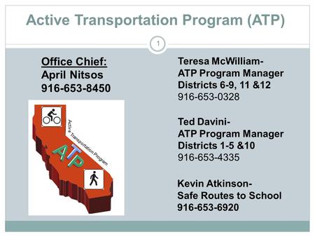 Active Transportation Program (ATP) Teresa McWilliam- ATP Program Manager Districts 6-9, 11 &12 916-653-0328 1 Ted Davini- ATP Program Manager Districts.
