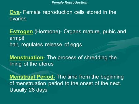 Female Reproduction Ova- Female reproduction cells stored in the ovaries Estrogen (Hormone)- Organs mature, pubic and armpit hair, regulates release of.