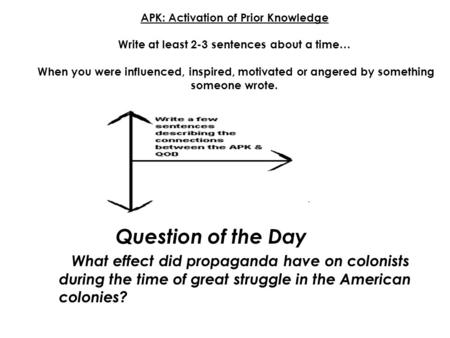 APK: Activation of Prior Knowledge Write at least 2-3 sentences about a time… When you were influenced, inspired, motivated or angered by something someone.