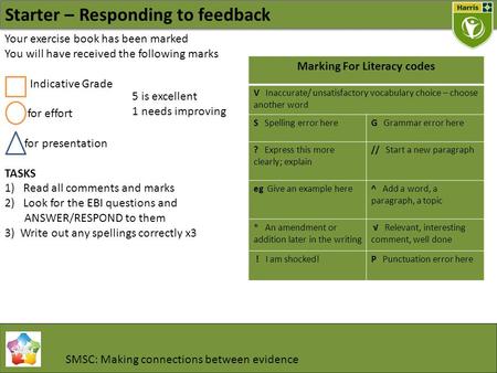 Starter – Responding to feedback Your exercise book has been marked You will have received the following marks Indicative Grade for effort for presentation.