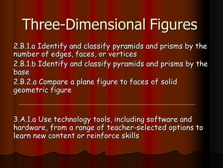 Three-Dimensional Figures 2.B.1.a Identify and classify pyramids and prisms by the number of edges, faces, or vertices 2.B.1.b Identify and classify pyramids.
