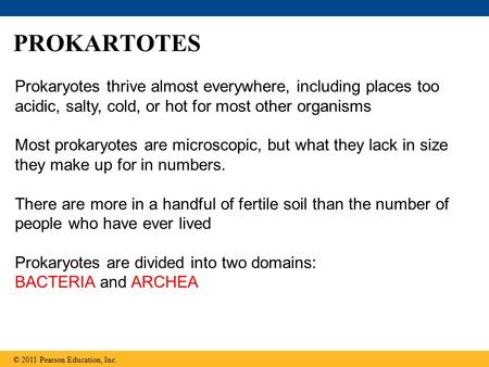 PROKARTOTES Prokaryotes thrive almost everywhere, including places too acidic, salty, cold, or hot for most other organisms Most prokaryotes are microscopic,