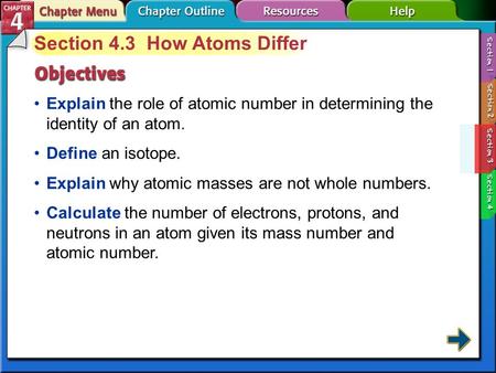 Section 4-3 Section 4.3 How Atoms Differ Explain the role of atomic number in determining the identity of an atom. Define an isotope. Explain why atomic.