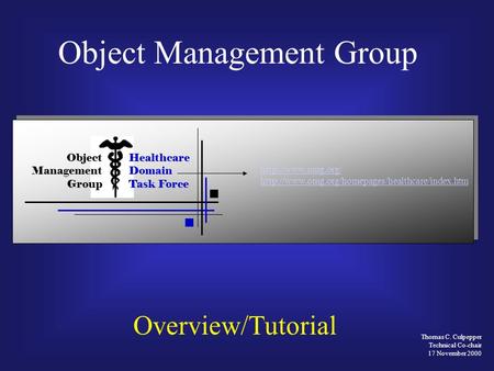 Thomas C. Culpepper Technical Co-chair 17 November 2000 Overview/Tutorial Object Management Group Healthcare Domain Task Force Object Management Group.
