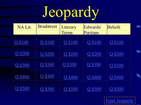 Jeopardy NA Lit. Bradstreet Literary Terms Edwards/ Puritans Beliefs Q $100 Q $200 Q $300 Q $400 Q $500 Q $100 Q $200 Q $300 Q $400 Q $500 Final Jeopardy.