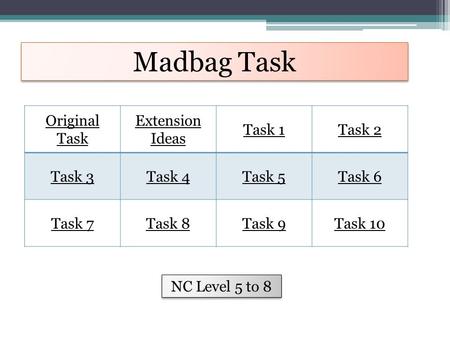 Madbag Task Original Task Extension Ideas Task 1Task 2 Task 3Task 4Task 5Task 6 Task 7Task 8Task 9Task 10 NC Level 5 to 8.