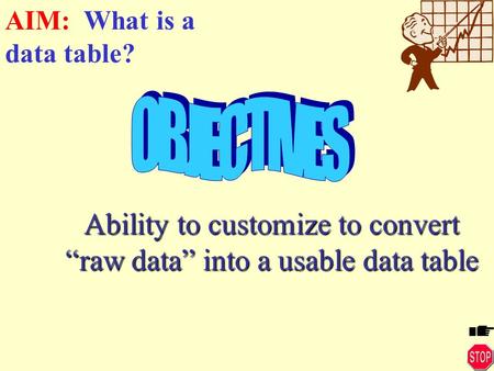 Ability to customize to convert “raw data” into a usable data table AIM: What is a data table?