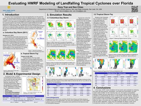In this study, HWRF model simulations for two events were evaluated by analyzing the mean sea level pressure, precipitation, wind fields and hydrometeors.